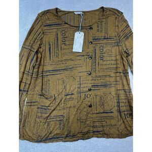 Chalet et Ceci Tunic Top XL Mustard Graphic Button Front Art Print Asymetry NWT